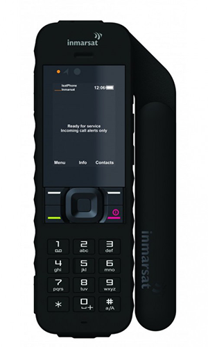 インマルサット IsatPhone2衛星電話の画像。グレーの堅牢なボディに大きなディスプレイ、169mm×75mm×36mmのサイズと318gの重さが特徴。画面には防塵・防水機能、耐衝撃性、日本語対応インターフェースを示すアイコンが表示されている。